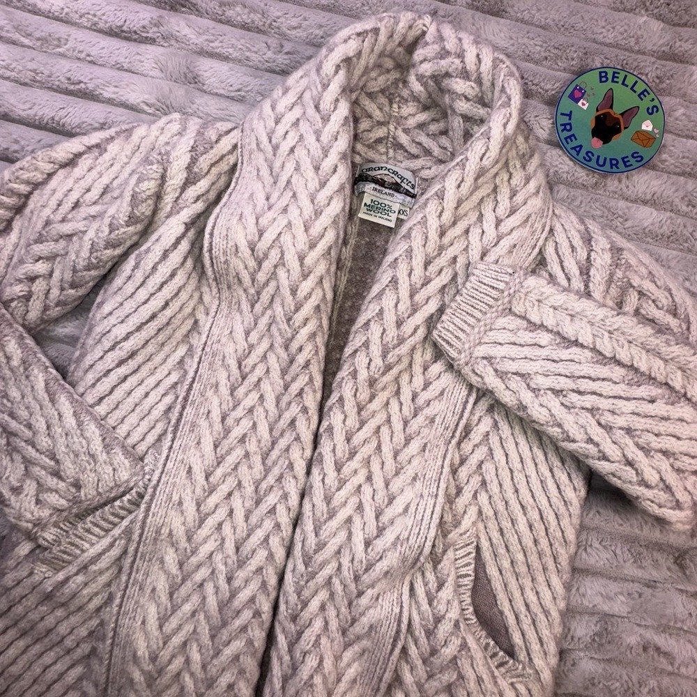 Arancrafts Ireland XXS Merino‎ Wool Tan Open Shawl Long Sleeve Cardigan Sweater